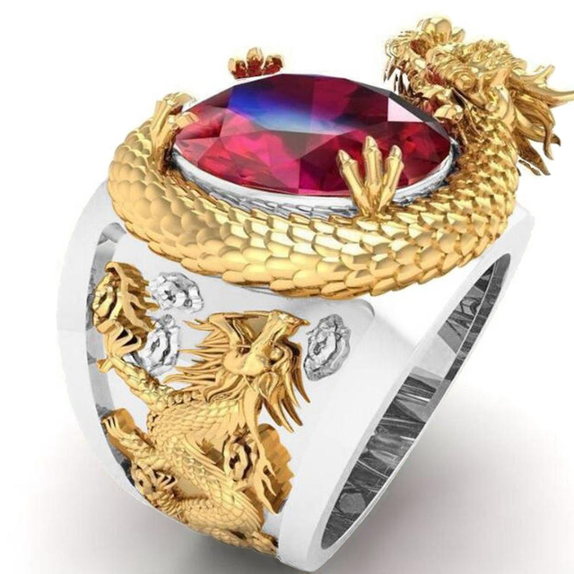 Style Collection! Luxury Men's Domineering Dragon Pattern Rings Inlay Big Red Crystal Ring Rock Biker Wedding Party Jewelry