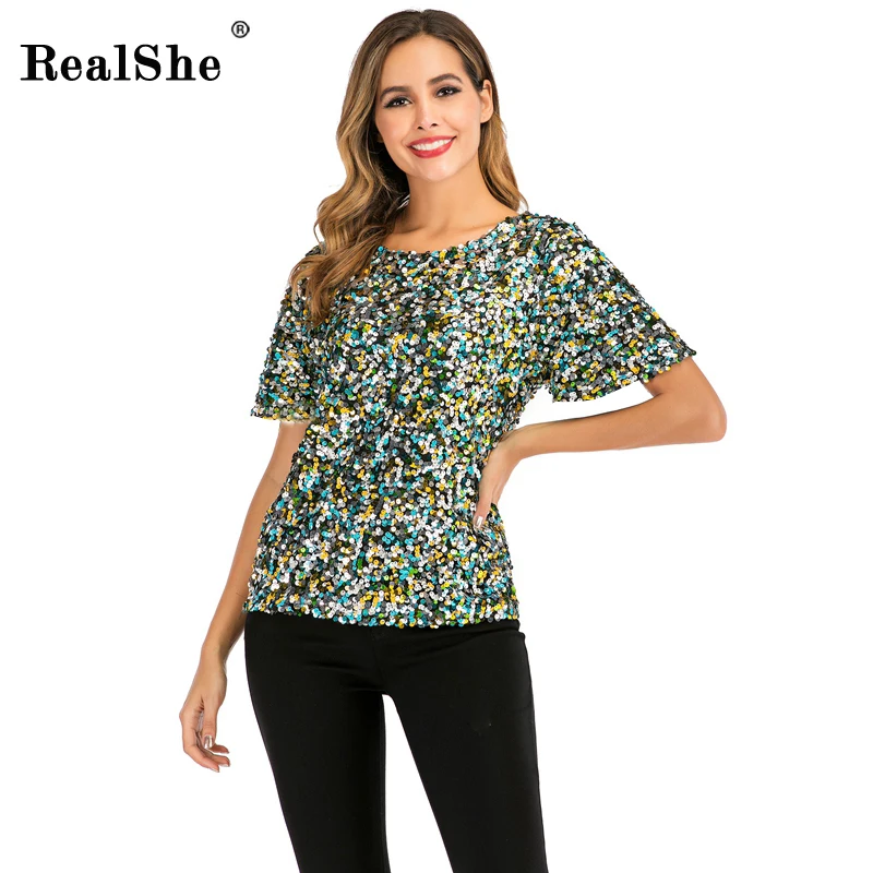 RealShe Tshirt Women O-Neck Short Sleeve Sequins T Shirt Women Summer Casual Elegant T-shirt Femme Fashion Women's T-shirts