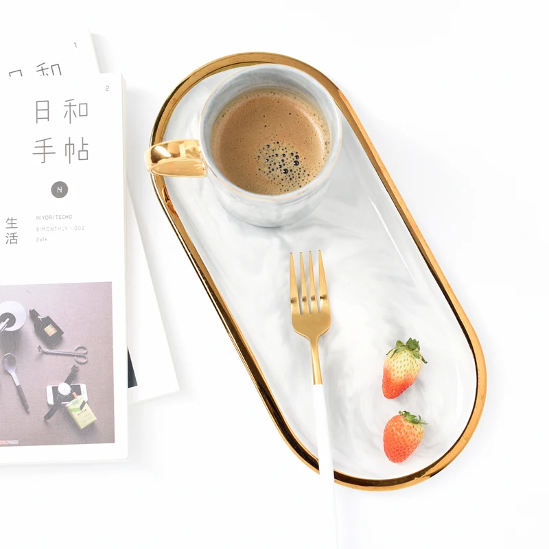 Nordic Marble Texture Tray Ceramic Oval plate Western Dish Dessert Dish Jewelry Storage Tray 5
