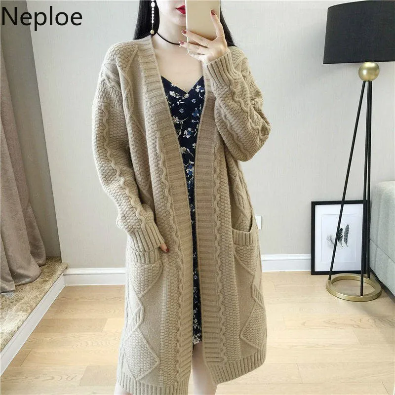 Neploe Twist Medium-long Sweater Cardigan Long Sleeve V-neck Pull Jumpers Autumn Winter Warm Knit Open Stitch Jacket 54652