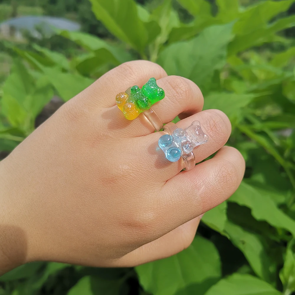 Last Lady Fashion Candy Colors Women's Rings Transparent Resin Cute Bear Creativity Jewelry Party Accessories finger ring,jewelry accessories,badminton t shirt