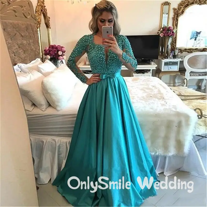 Robe De Soiree арабское выпускное платье с длинными рукавами, элегантные бисером кружевное атласное платье трапециевидной формы vestido de fiesta largos de noche elegante