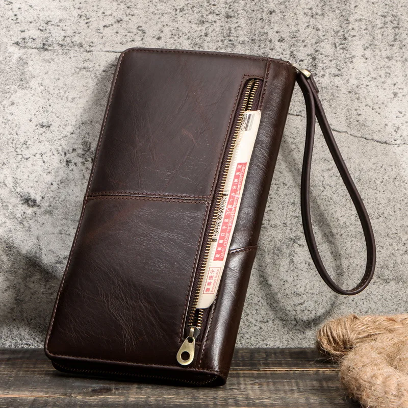 Men's Slim Long Wallet Genuine Leather Phone Bag Purse Card Holder Money Bag Men Small Coin Case Travel Zipper Pouch Wrist Band