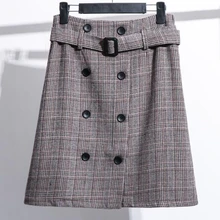 Woman High Waist Woolen Slim Skirt Office Lady Elegant Plaid Skirt Knee-length Winter Warm Skirt With Button Belt