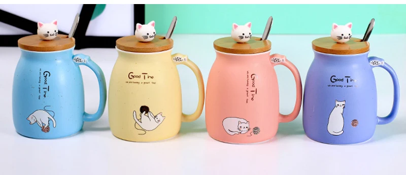 Кружка с изображением кота из мультфильма, термостойкая с крышкой, ложка, чашка, котенок, кофе, керамические офисные кружки, милая посуда для напитков, детский подарок, украшение для дома