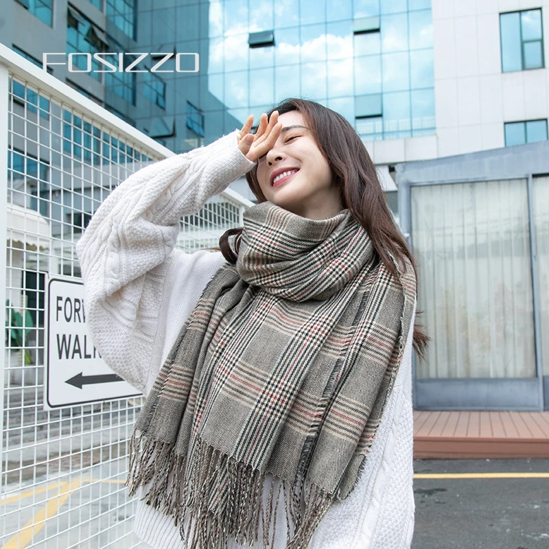 

FOSIZZO Autumn Winter Female Wool Plaid Scarf Women Cashmere Scarves Wide Lattices Long Shawl Wrap Blanket Warm Tippet FS19201