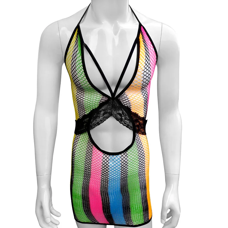 

Cross-dress Sissy Sexy Mini Sheath Dress Fishnet See Through Rainbow Color Lace Hollow Out Exotic Chemise Men Dress Lingerie