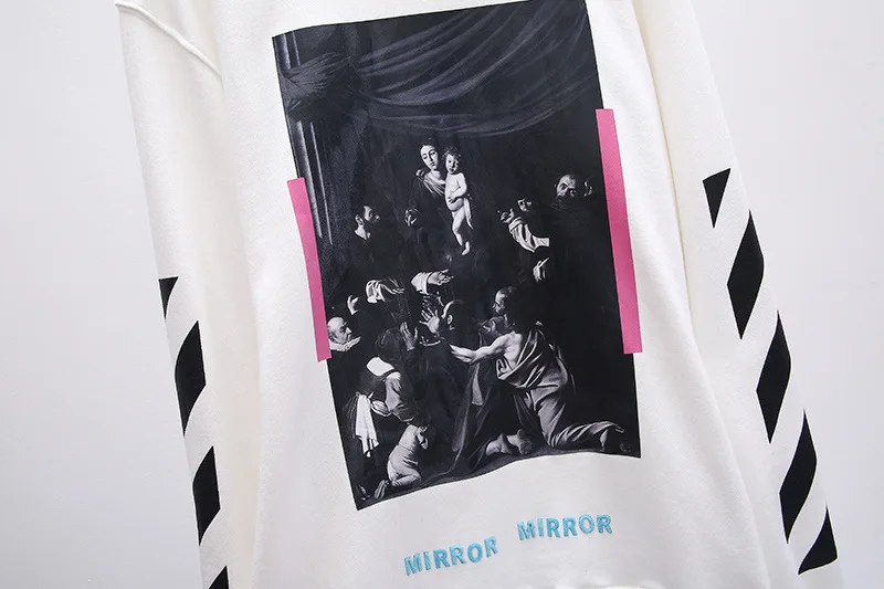 19SS OFF-WHITE OW религиозная теплопередача квадратная фиолетовая ленточная Печать Круглый вырез пуловер Толстовка Джемпер