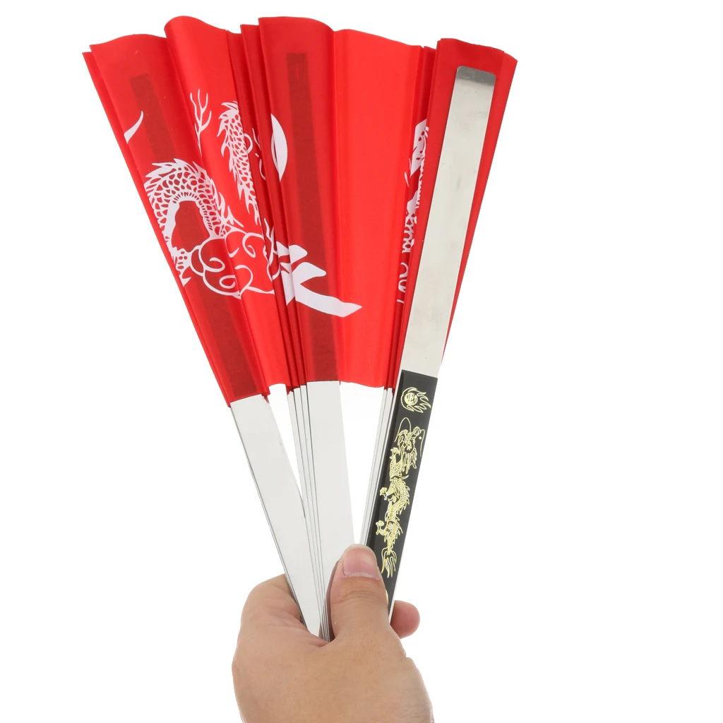 Flexible Chinese Kung Fu Martial Arts Tai Chi Sports Dragon Stainless Steel Frame Fan Red