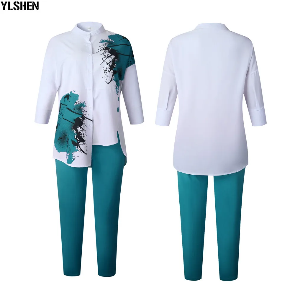 African Women Sets Print Long Sleeve Blazer T-shirt Pants Suits Office Lady Elegant 2 Piece Set Business Outfits Africa Clothing 13