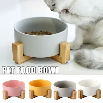 

New Ceramic Raised Cat Bowl Pet Food Bowl with Anti-Slip Wooden Stand Protect Cervical Spine Pet Feeding Bowl Pet Supplies