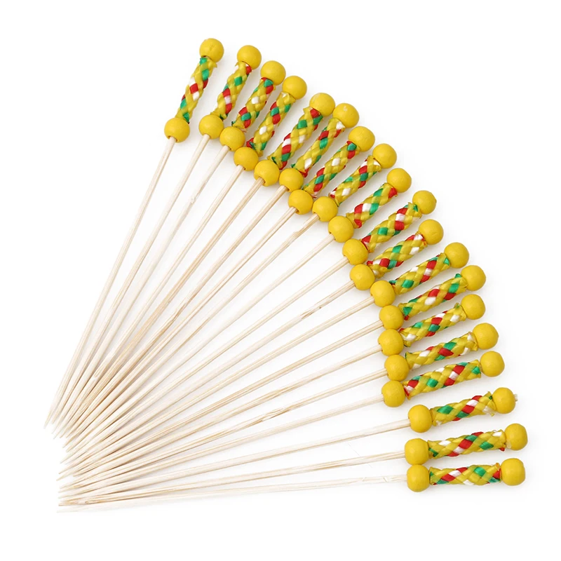 yellow double bead 100 шт./компл. завяжите узел бамбука Еда выбирает фруктовая вилка палочки буфет для капкейка-Коктейльное вилки свадебные праздничные украшения - Цвет: yellow double bead