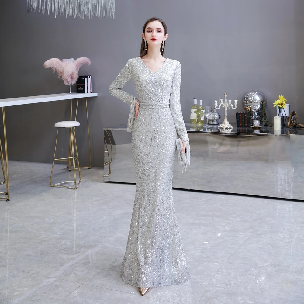 silver evening gowns with sleeves