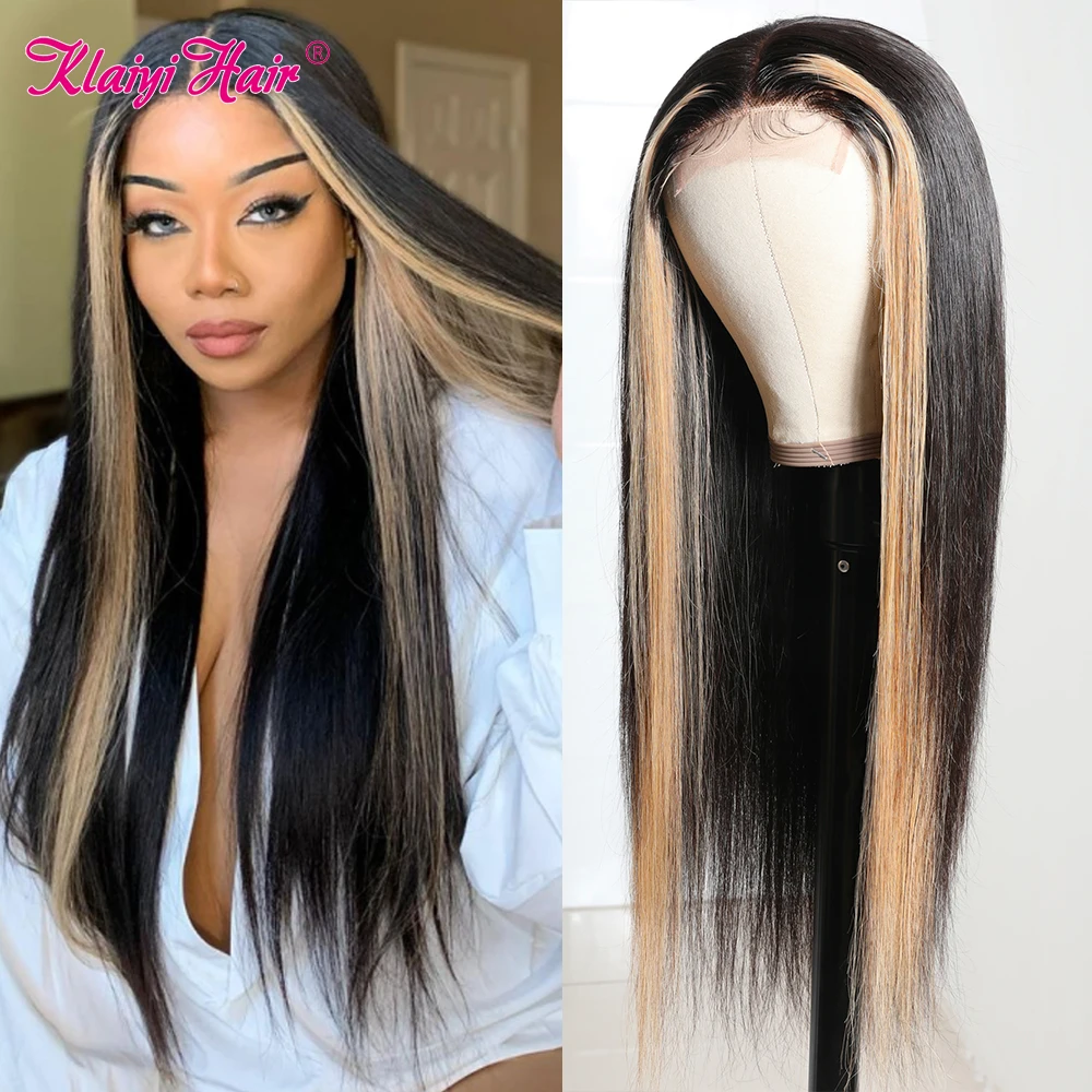 Klaiyi Straight Hair T Part Lace Wig Brazilian Hunman Hair Wigs For Women 14-24 Inch Face Frame Highlight Wig Natural Remy Hair