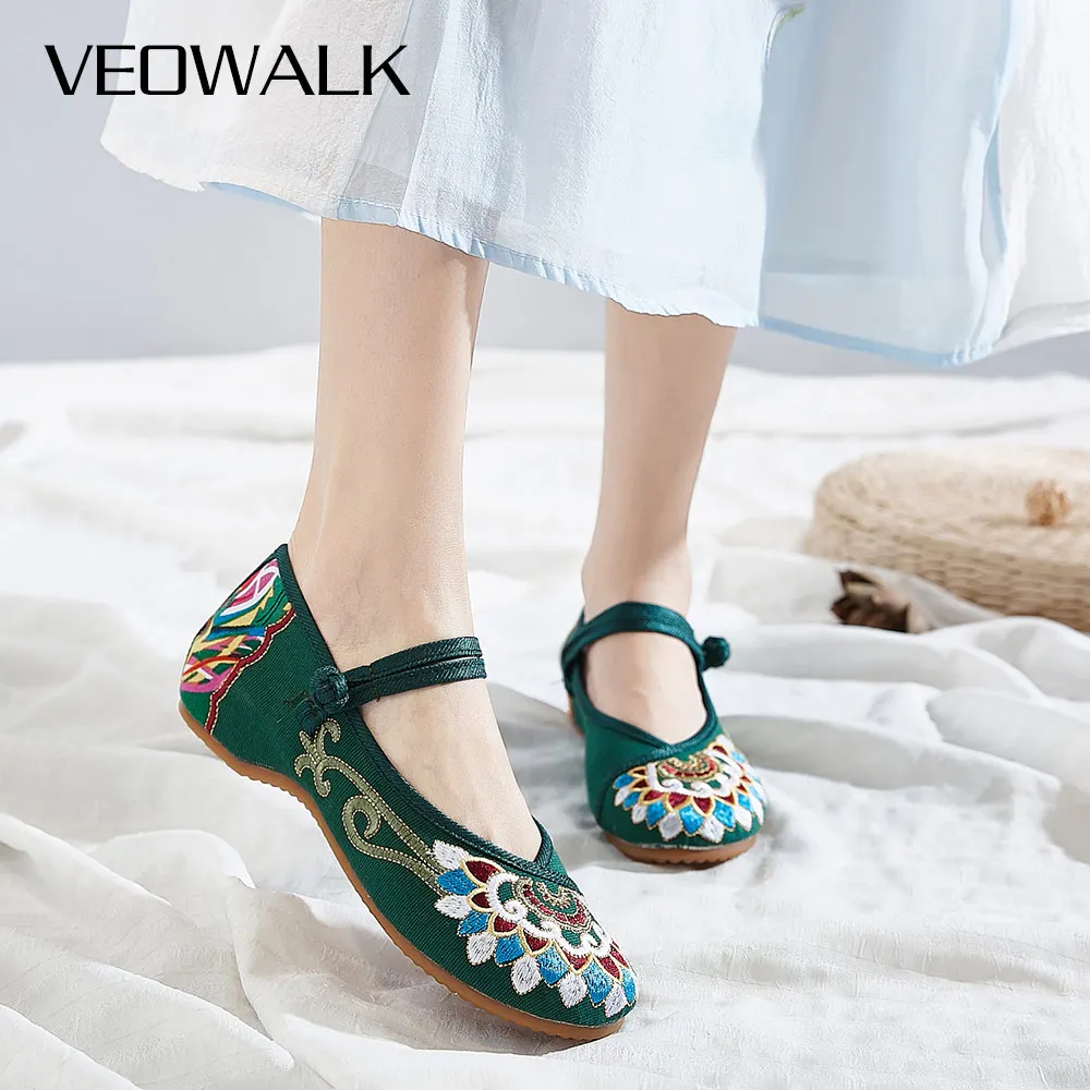 Veowalk mujer hecho a mano antiguo chino de Pekín zapatos el budismo tótem bordado de balé pisos damas informal tela de algodón zapatos de baile