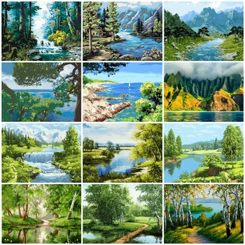 

AZQSD Unframe DIY Oil Painting By Numbers On Canvas Tree Handpainted Gift Coloring By Numbers Landscape Acrylic Paint Decoration
