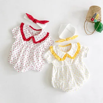 

2020 Summer Newborn Baby Girls Yellow Dot Printed Bodysuits Short Sleeve Toddlers Clothes Cute Infants Jumpsuits With Headband