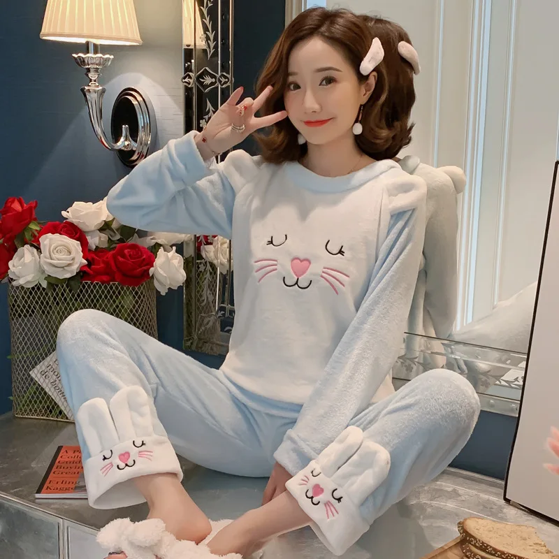 

[Temperature Attitude Warm] Autumn & Winter Pajamas Women's Flannel 927 # Cat Whisker Two-color Cartoon Long Sleeve Tracksuit-Ou