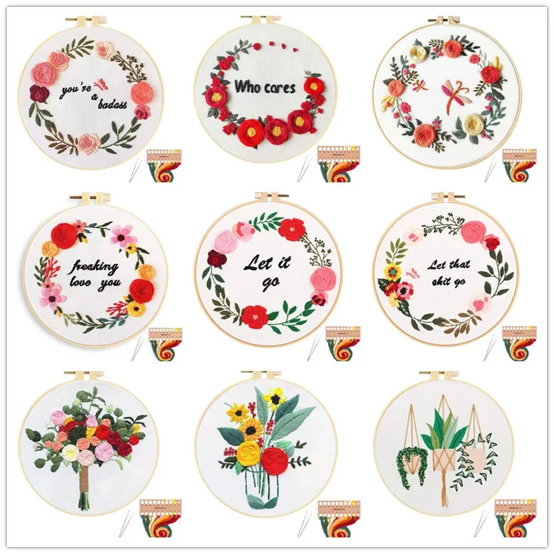 1 Pack Embroidery Flower Kit With Pattern+Instructions, Needlework DIY Beginner Stitch Kit Include 1 Embroidery Tools Hoop