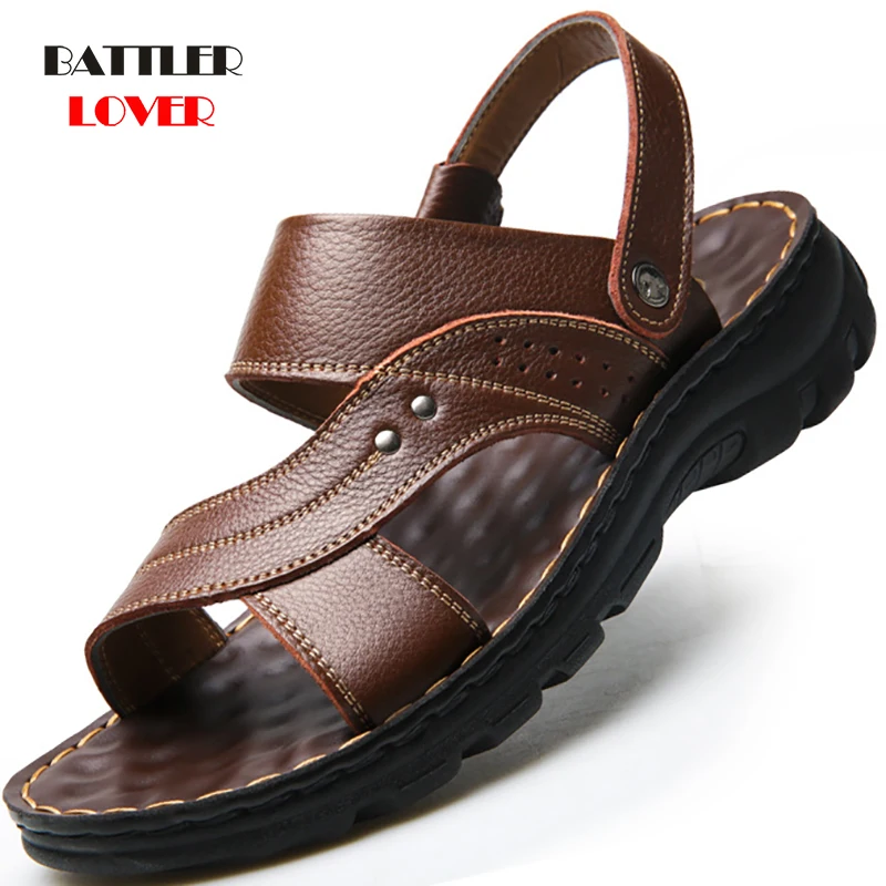 Summer Men Sandals High Quality Genuine Leather Shoes Male Comfortable Slip-on Slippers Beach Brown Man Sandal zapatillas hombre