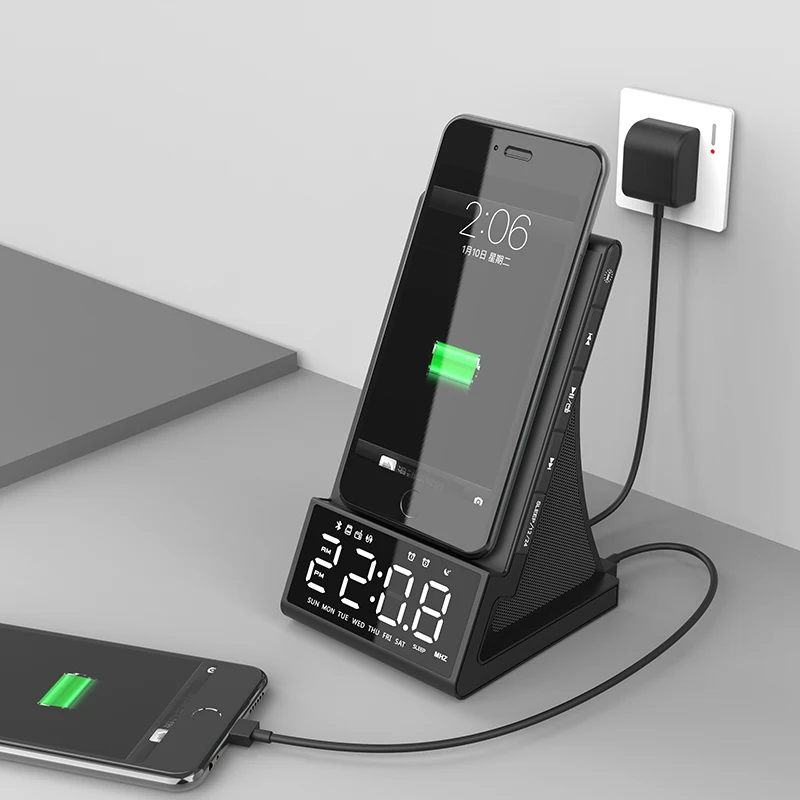 Alarm Clock With Wireless Charging Dock Stand Bluetooth Speaker Night Light Usb Fast Charger Stands | Дом и сад