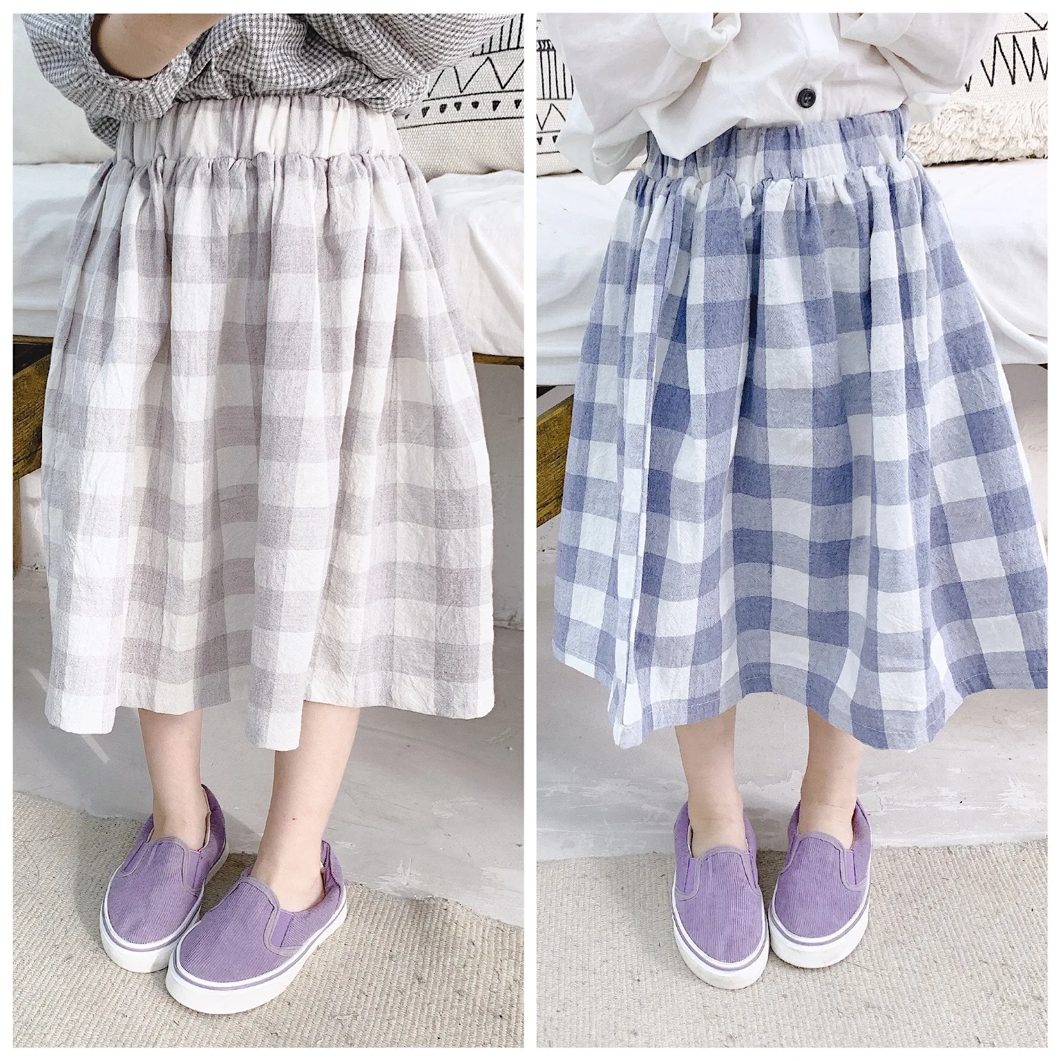 

2020 Children Spring and Summer Girls Plaid Long Length Skirt Toddler Girls Cotton Casual Half Ruched Skirts Baby Kids Skirt