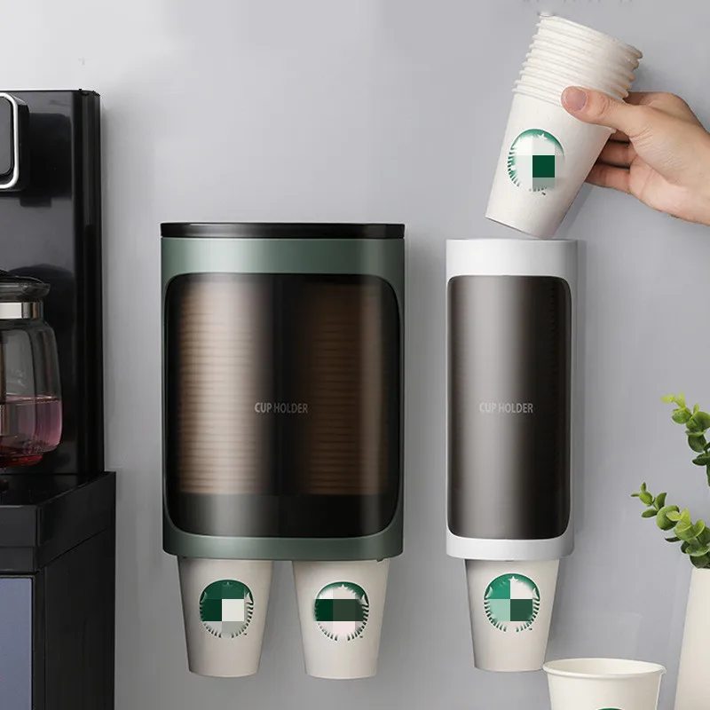 Wall Mounted Disposable Paper Cup Dispenser Pull Type Plastic Cup Holder Anti-Dust Storage Rack Office Tumbler Holders Kitchen