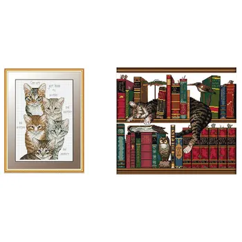 

New-Embroidery Kit 14CT Cat on Bookshelf Pattern Cross-Stitching 40 x 36cm & 5 Kitten Cross Stitch 23 x 33cm