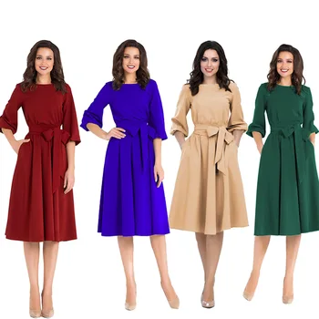 

Madam clothing OWLPRINCESS The new 2019 round collar pure color waist long-sleeved dress