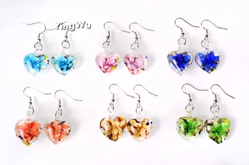 

Yingwu Crystal Inner Flower Lampworked Glass Pendant Earring Heart Glass Earrings Mixed Colors 12Pairs