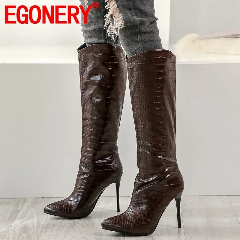 

EGONERY winter new fashion party knee high boots outside warm super high heels pointed toe plus size women shoes drop shipping