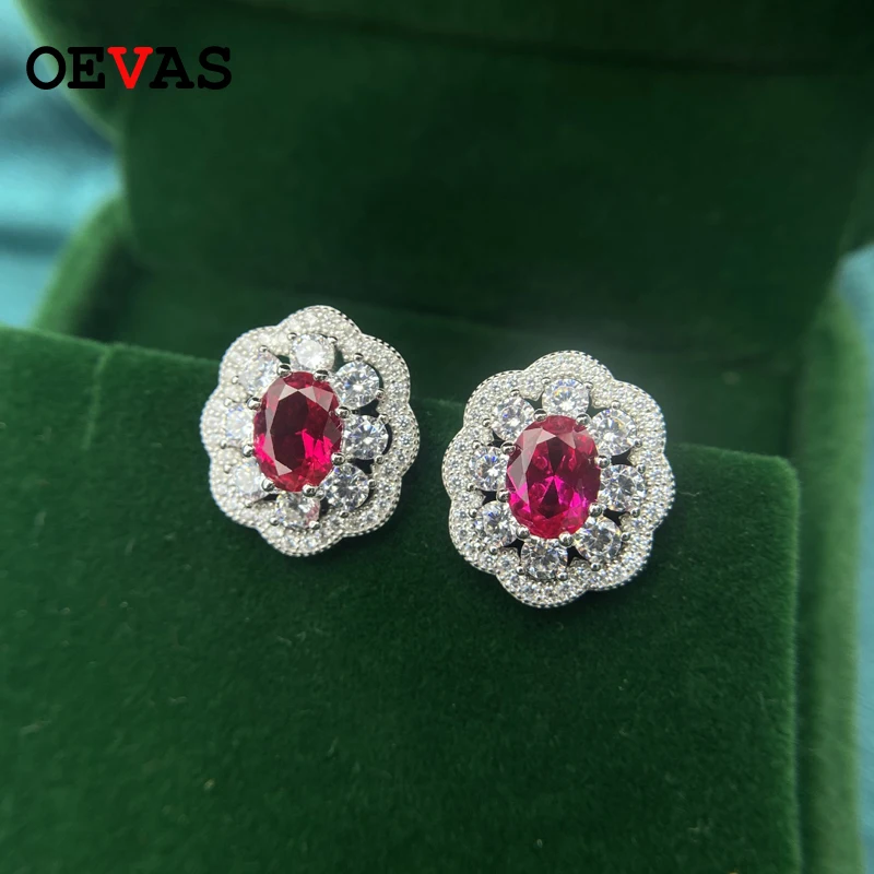 Серьги-гвоздики OEVAS винтажные серьги с муассанитом и Рубином под серебро 100% 925
