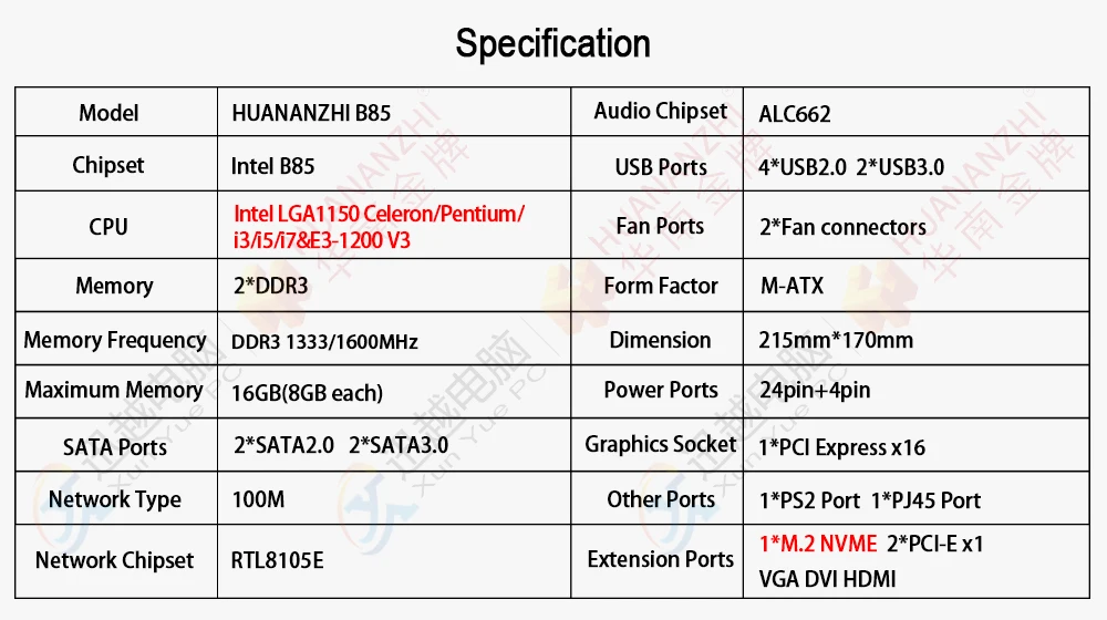 Материнская плата HUANANZHI B85 M ATX материнская Intel LGA 1150 i3 i5 i7 E3 DDR3 1333/1600 МГц 16 Гб M.2 SATA3