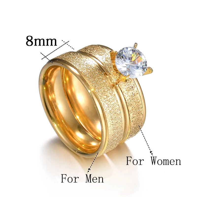 Atoztide Romantic Gold Titanium Steel Couple Ring Simple Crystal Polished 8MM Scrub Engagement Wedding Finger Ring For Lovers