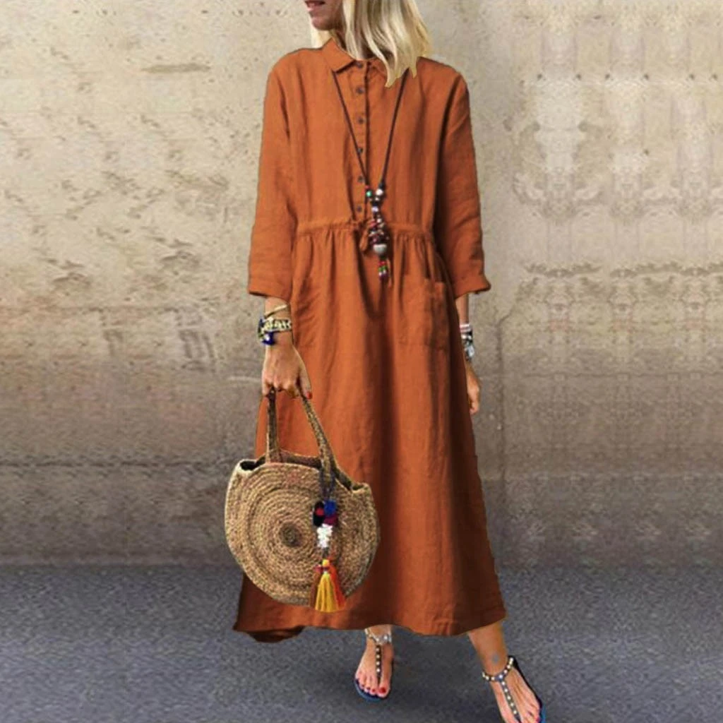 FREE OSTRICH BerryGo Autumn Winter Women Dresses Vestidos Linen Plaid Long Dress Elegant Mid Calf Ladies Female Robe Dress 807