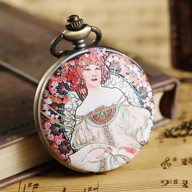 Винтажный Альфонс Марии муха знаменитая картина маслом красивые женские карманные часы с портретом брелок цепочка ожерелье кулон окрашенные подарки