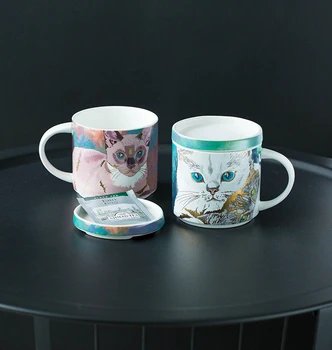 

Cute Coffee Small Ceramic Cat Mug Lid Creative Mini Pink Personalized Mug Print Cartoon Taza Para Cafe Kitchen Dining Bar KK60MK