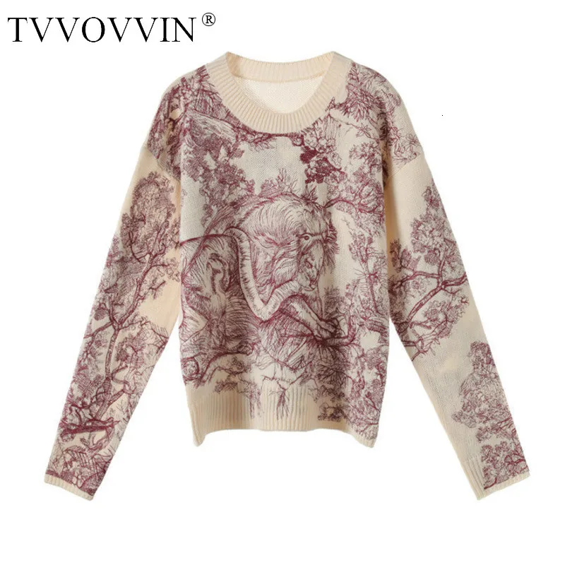  TVVOVVIN 2019 New Srping Fashion Women Embroidery Round Neck Full Sleeves Knits Printed Loose Sweat