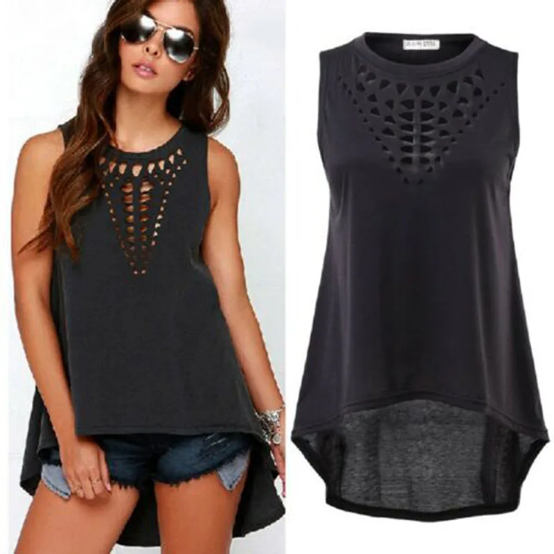 

Local stock 2019 Women Shirts Summer Casual Solid Color Hollow Loose Vest Tops Shirt Sleeveless Black O-neck Blouse