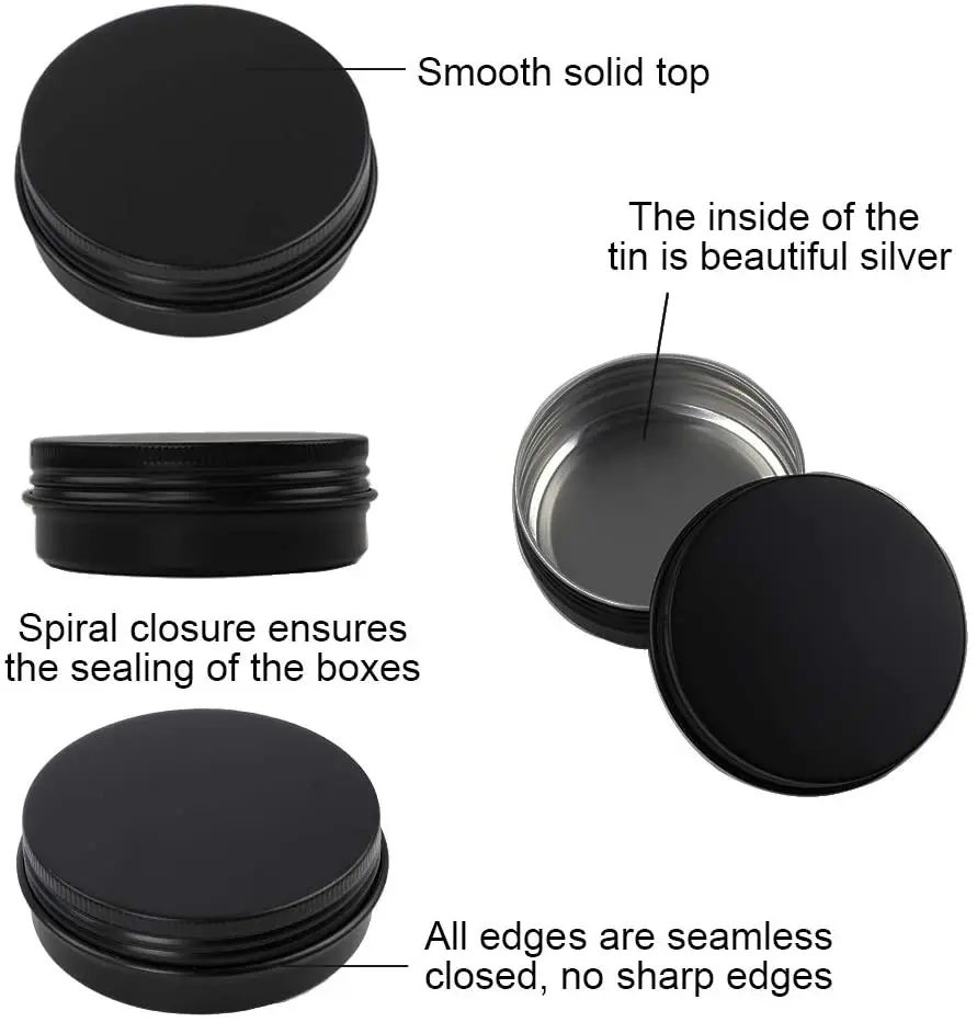 10Pcs 5g 10g 15g 20g 30g 50g Empty Black Aluminum Tins Cans Screw Top Round Candle Spice Tins Cans with Screw Lid Containers