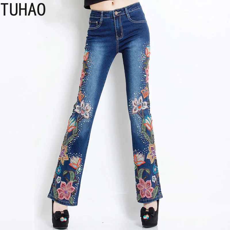 

TUHAO Plus Size FLORAL Embroidered Jeans Zipper Fly Women High Waist Pants Casual Big Size Tunic Trousers WM01