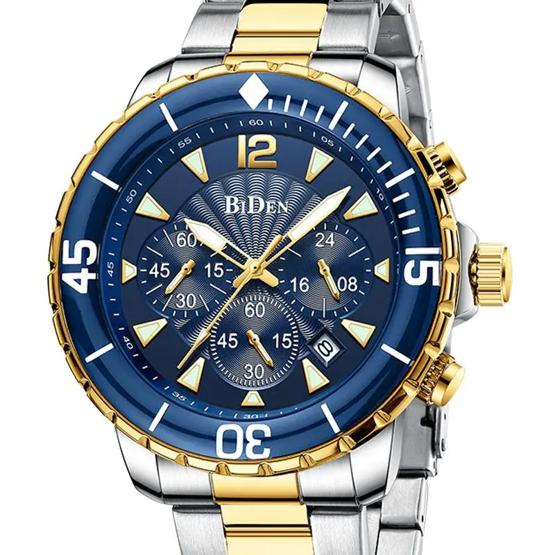 BIDEN Men's Watches Luxury Top Brand Rotate Mix Color Dial Chronograph Man Quartz Wristwatch Stainless Steel Sport Casual Gift