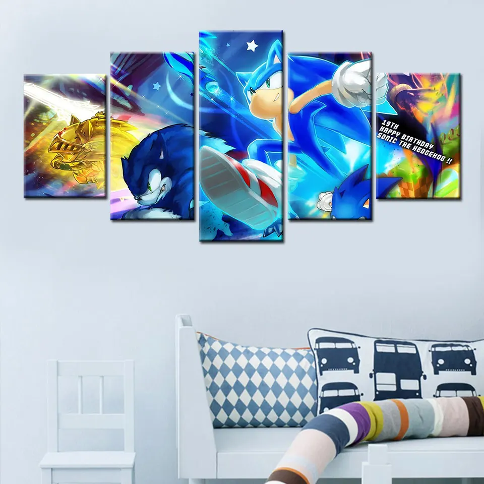

Sonic Poster NEW Blue Flash Cartoon Mural Canvas Painting Posters and Prints Kids Room Decoration Picture Home Decor