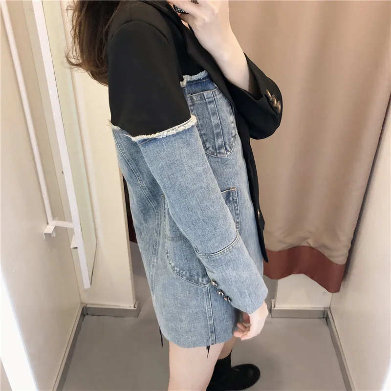 Fashion Denim Stitching Short Blazer Jackets Women Clothing 2023 New Spring Autumn Korean Jeans Coats Suit Jackets Tops g506