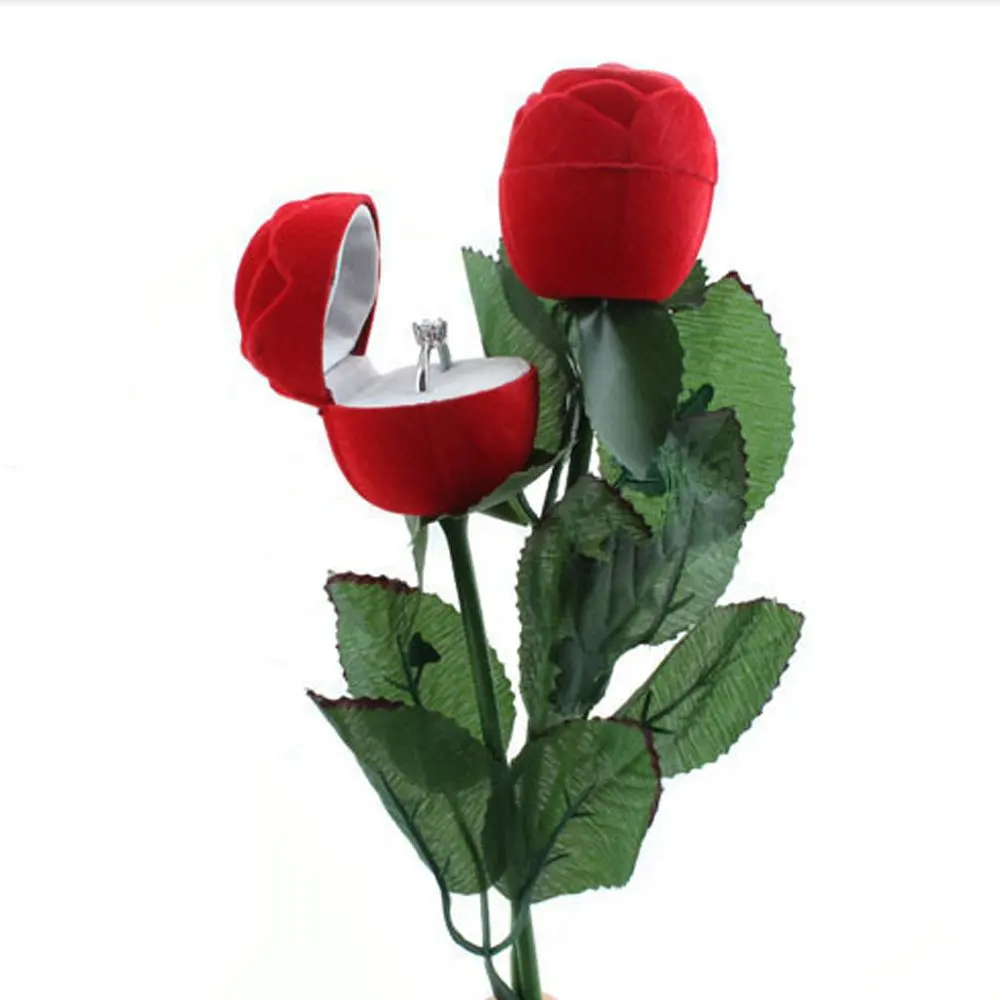 

1 Pc Romantic Rose Flower with Rod Ring Box Velvet Creative Gift Box Jewelry Packaging Display Case Wedding Engagement Valentine