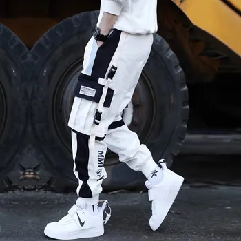 

2019 Spring Cargo Pants Men Cotton Drawstring Many Pockets Joggers Trousers Black Ankle Banded male Casual Pants