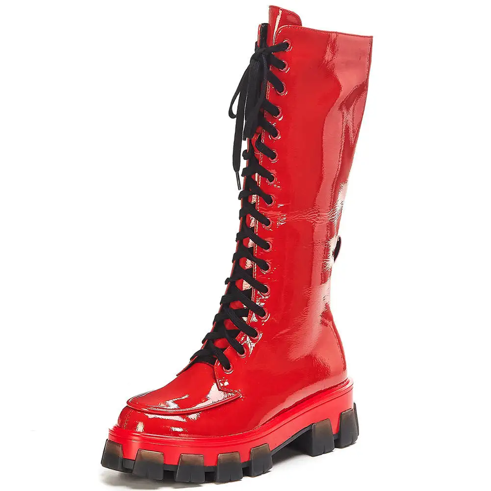 Doratasia/ г., брендовые дизайнерские ботинки до середины икры из лакированной кожи для отдыха женская обувь женские нескользящие мотоциклетные ботинки - Цвет: red short fur