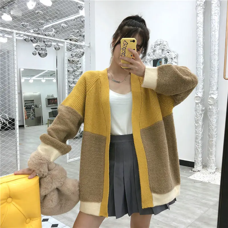 

Winter Women Cardigans Long Autumn Outerwear Patchwork Overcoat Sweaters Long Sleeve Femme Knitwear Fashion Streetwear Sweater