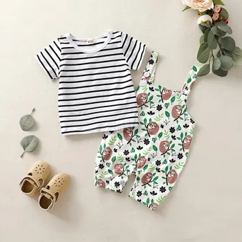 

Summer Casual Baby Cute Striped Short Sleeve Top And Printing Overalls Kit Kids Two-piece Outfit Set