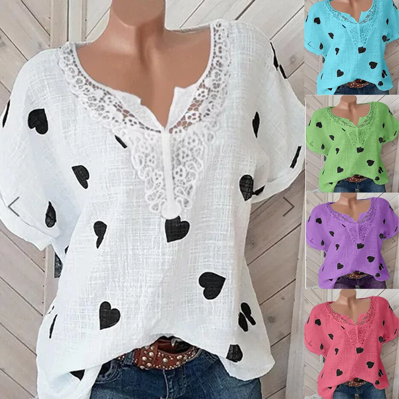 

Large size loose casual women blouses 2020 summer Women Blouses lace V-neck love printing short sleeve Top shirt